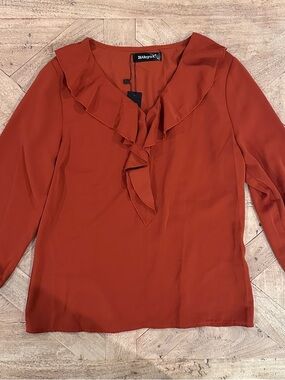 Allegra K Rust Ruffle V-Neck Long Sleeve Blouse